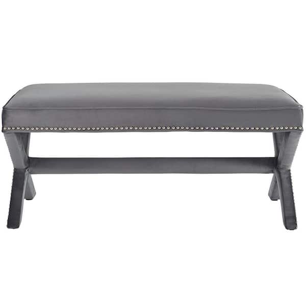 MODWAY Rivet Gray Upholstered Velvet Bench