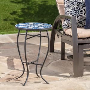 Outdoor Ceramic Tile Side Table with Iron Frame, Blue/White