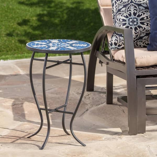 AUTMOON Outdoor Ceramic Tile Side Table with Iron Frame, Blue/White