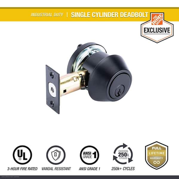 Industrial Duty Commercial Single Cylinder Deadbolt, UL 3-Hour Fire ANSI Grade 1, Matte Black Finish