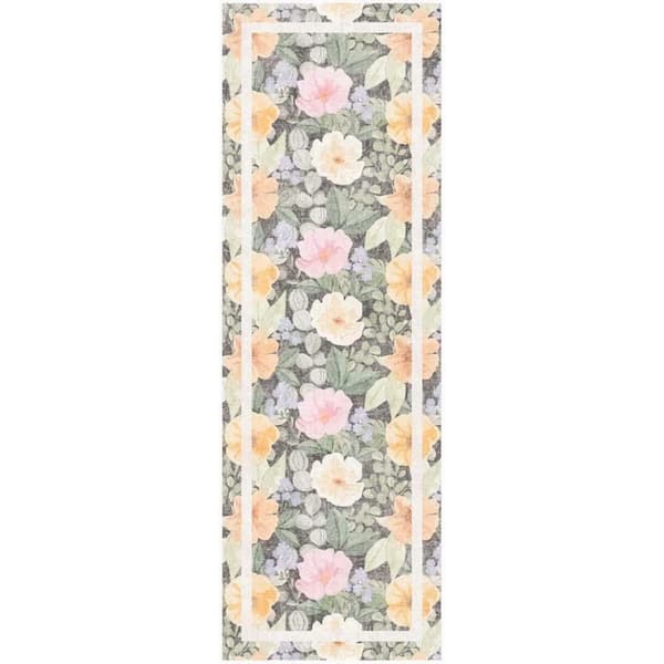 Botanical Washables Charcoal Multicolor 2 ft. x 6 ft. Floral Contemporary Runner Area Rug