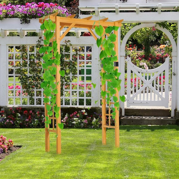 Carbonized Color Outsunny 7' Wood Steel Outdoor Garden Arched Trellis Arbor with Natural Fir Wood & Side Panel for Climbing Vines 
