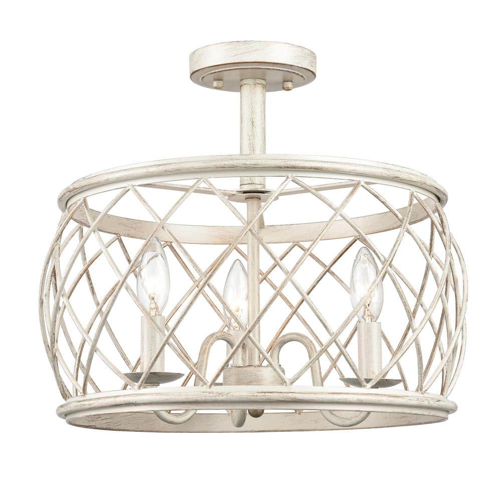 Antique Beige Metal Drum Farmhouse Semi Flush Mount Ceiling Light
