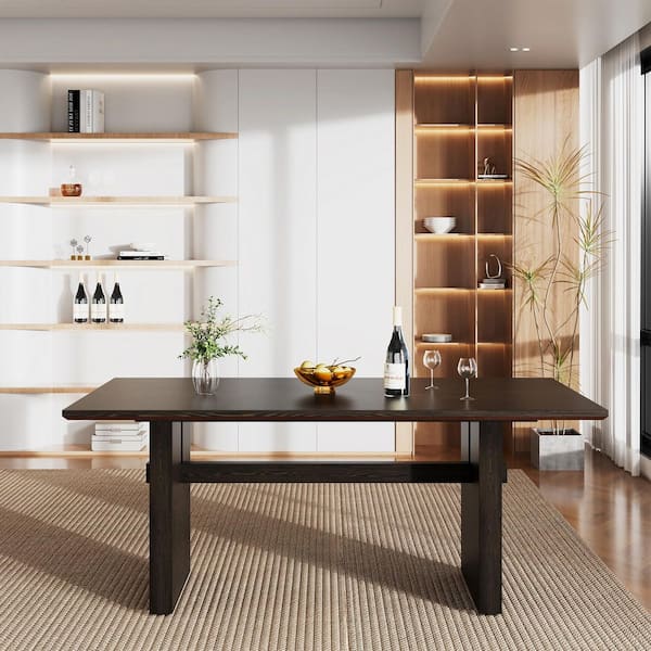 Clihome Brown MDF Wood 70 in. W Double Pedestal Dining Table Kitchen Table Seats-6 with Adjustable Foot Nails