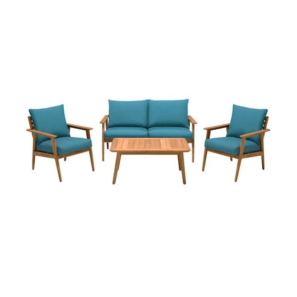 Armen Living Eve 4-Piece Teak Wood Outdoor Sofa Patio Conversation Set with Olefin Teal Cushion