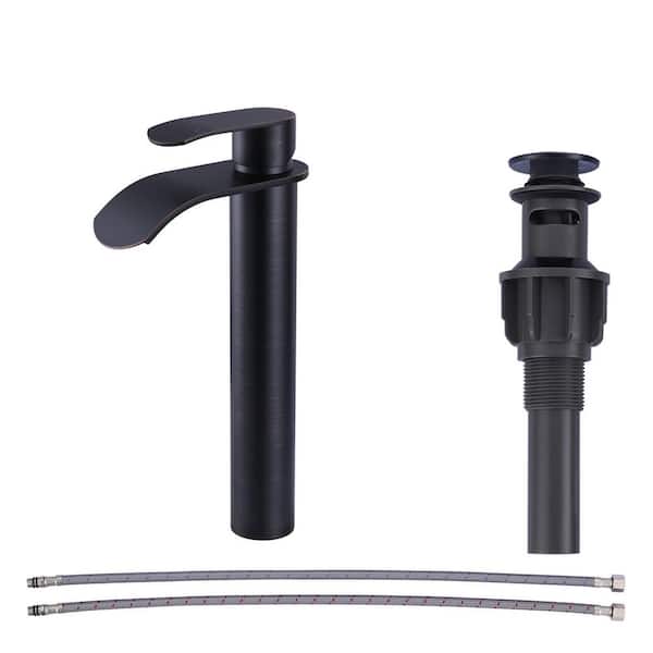 Single Handle Single Hole Stainless Steel Waterfall Bathroom Faucet with Pop Up Drain and Supply Lines in Bronze