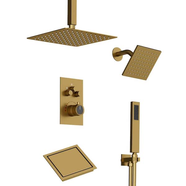 Thermostatic 7-Spray Square Dual Shower Head Ceiling Mount Shower System and Shower Drain in Brushed Gold