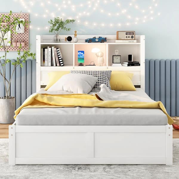 Nestfair White Wood Frame Full Platform Bed with Pull Out Shelves