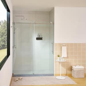 60 in. W x 76 in. H Frameless Soft Close Sliding Shower Door in Brushed Nickel with Explosion-Proof Clear Glass