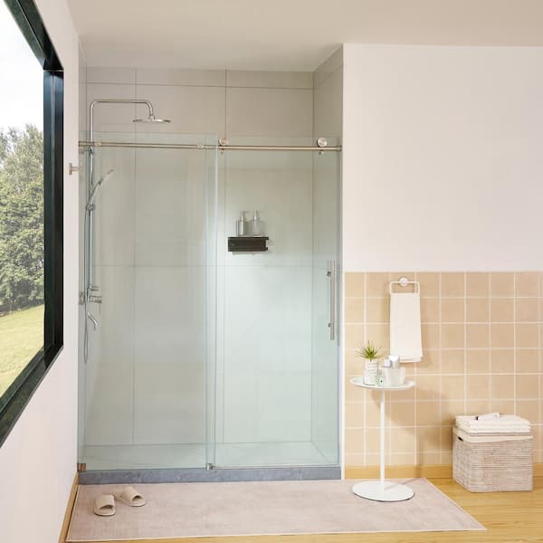 56–60 in. W x 76 in. H Frameless Soft Close Sliding Shower Door in Brushed Nickel with Explosion-Proof Clear Glass