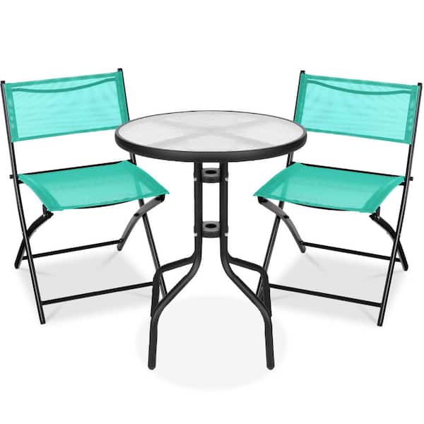 Best Choice Products Mint 3-Piece Outdoor Patio Bistro Set with Textured Glass Table Top, Folding Chairs