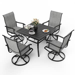 Gray 5-Piece Metal Outdoor Patio Dining Set with Square Table and Textilene Swivel Chairs