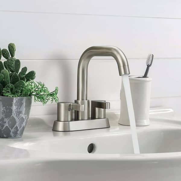 Staykiwi 4 in. Centerset Double Handle Mid Arc Bathroom Faucet with Drain Kit Included in Brushed Nickel