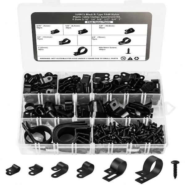 320-Piece Black Nylon R-Type Cable Clips Assortment Kit with Screws, 6 Sizes for Wire Management Clamps