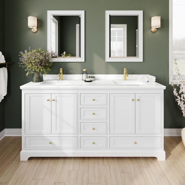 Wyndham Collection Deborah 72 in. W x 22 in. D x 35 in. H Double Bath Vanity in White with White Quartz Top and 70 in. Mirror