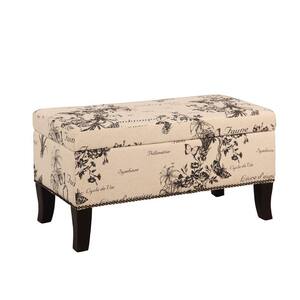 Beige and Black Fabric Upholstered Wooden Ottoman with Botanical Print 18 in. x 32 in. x 16 in.