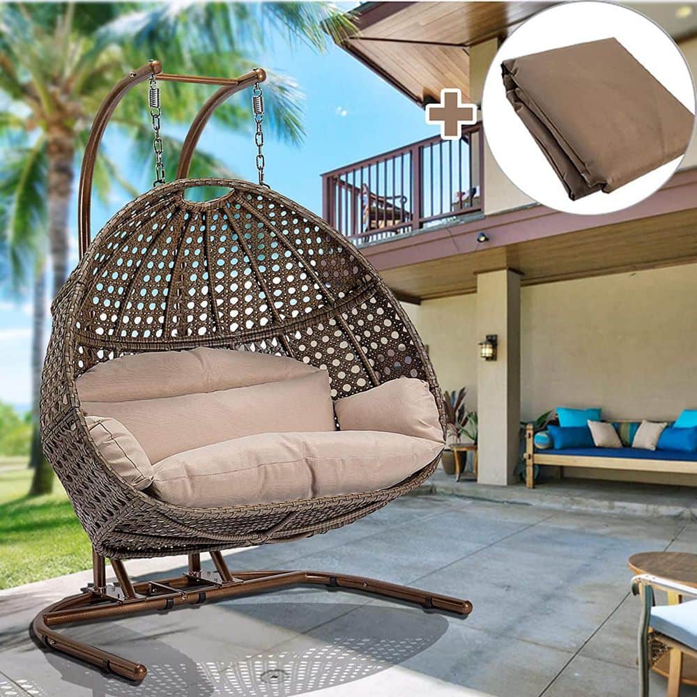 UPLAND Brown Wicker Hanging DoubleSeat Patio Swing Chair with Stand