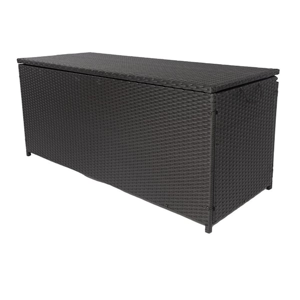 Kahomvis 113 Gal. Black Wicker Outdoor Storage Deck Box with Lid, Air Spring and Pneumatic Rod