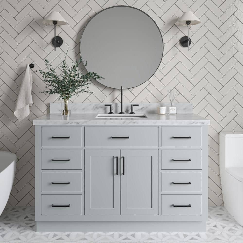 Hepburn 54 in. Single Sink Freestanding Bath Vanity in Gray with Carrara White Marble Top & Sidesplash price history on PriceWatchPro