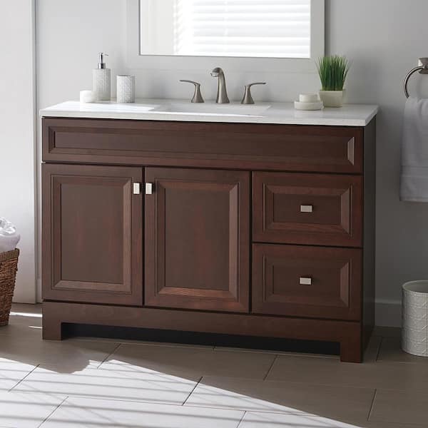 Home Decorators Collection Sedgewood 48.5 in. W x 18.75 in. D x 34.375 in. H Single Sink Bath Vanity in Dark Cognac with Arctic Solid Surface Top