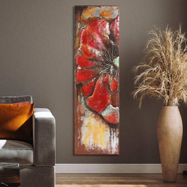 60 in. x 18 in. "Red Poppy Detail" Mixed Media Iron Hand Painted Dimensional Wall Art