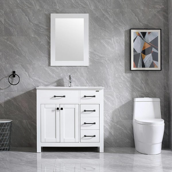 walsport 36.4 in. W x 31.6 in. D x 18.1 in. H Single Sink bath Vanity in White with White Countertop and Mirror Include