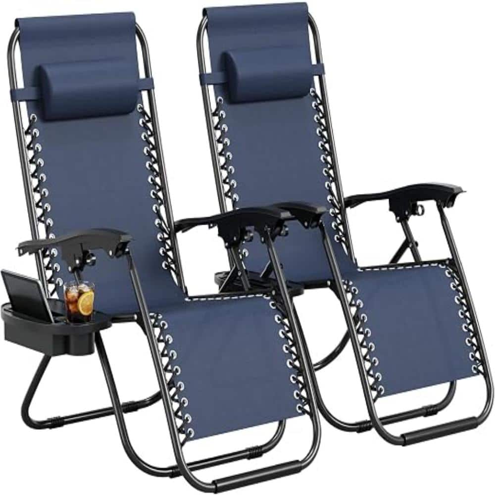 homfan Set of 2 Zero Gravity Chairs - Portable Folding Patio Recliners with Adjustable Pillow & Cup Holder Tray-Blue