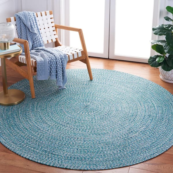 Braided Teal/Green 4 ft. x 4 ft. Machine Washable Concentric Woven Round Area Rug