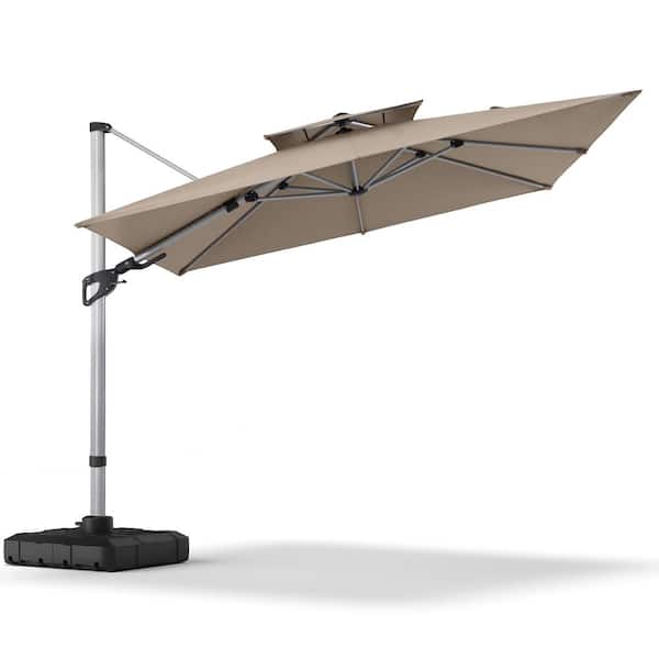 LAUSAINT HOME 10 ft. Aluminum Cantilever Patio Umbrella with Base and Double Top Design in Khaki