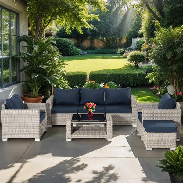 Unbranded Gray7-Piece Wicker Outdoor Sectional Set with Dark Blue Cushions and Table