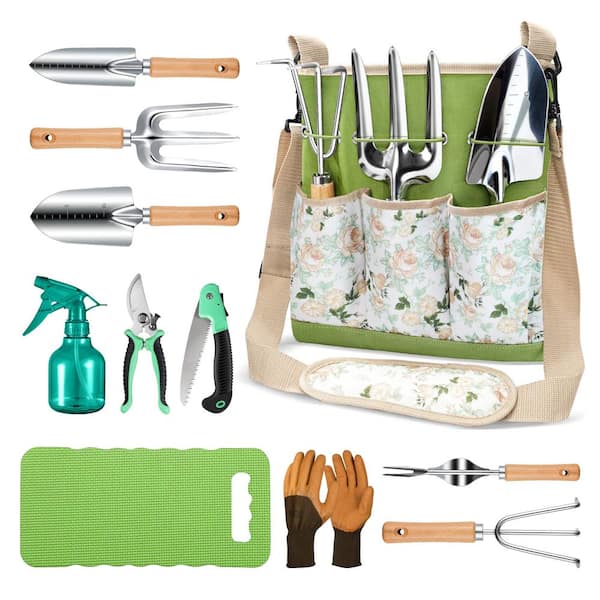 Justincity 11-Piece Garden Tool Set, Heavy Duty All-in-One Garden Tool with Ergonomic Shoulder Bag, Rust Proof Tool Kit, Green