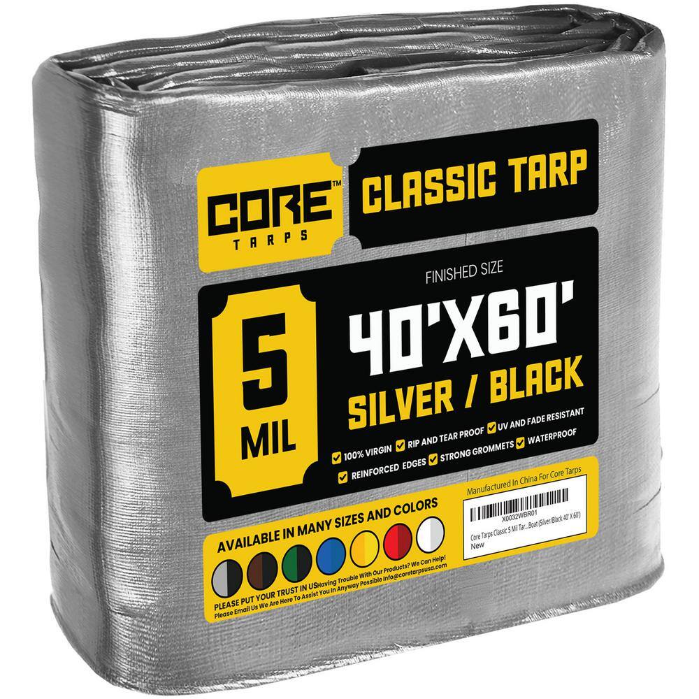 CORE TARPS 40 ft. x 60 ft. Silver/Black 5 Mil Heavy Duty Polyethylene Tarp, Waterproof, UV