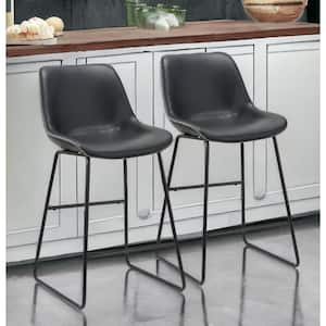 26 in. Black Low Back Metal Counter Height Bar Chair with Faux Leather Seat Set of 2