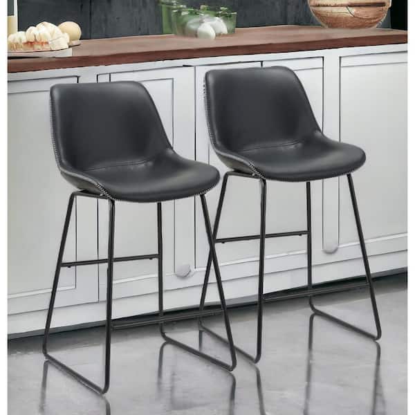 HomeRoots 26 in. Black Low Back Metal Counter Height Bar Chair with Faux Leather Seat Set of 2