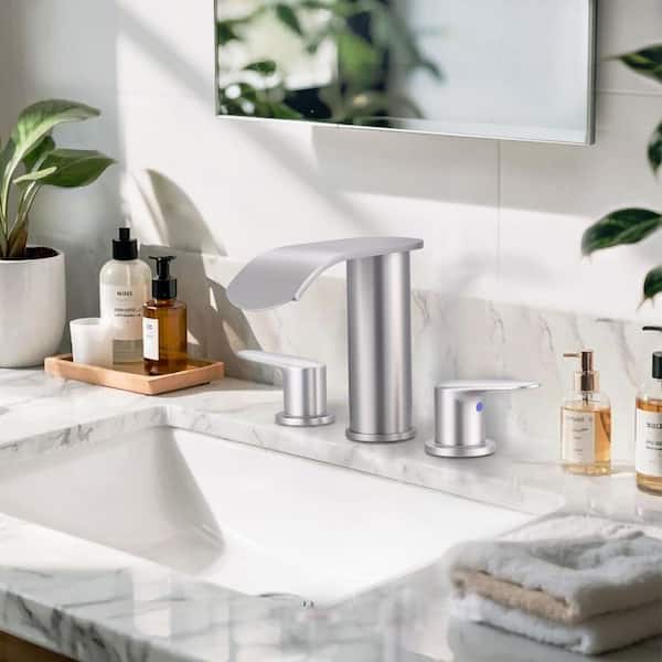 8 in. Widespread Double Handle Waterfall Bathroom Faucet with Pop-up Drain in Brushed Nickel