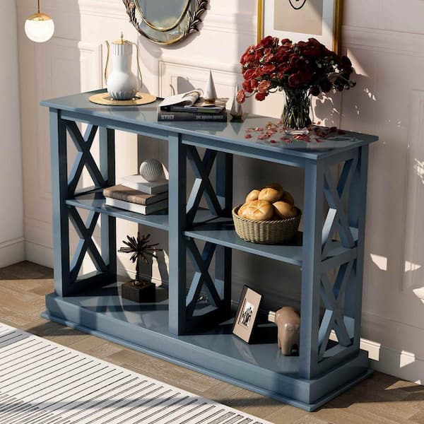 Polibi 46.5 in. Navy Blue Rectangle Wood Console Table with 3-Tier Open Storage Spaces for Living Room