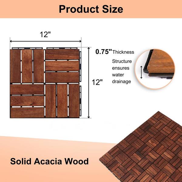 Amucolo 12 in. x 12 in. Checker Pattern Acacia Wood Interlocking Deck Tiles in Brown for Patio, Pool Side (Set of 20 Tiles)