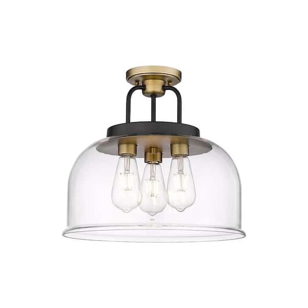 Kahana 15 in. 3-Light Black Brushed Brass Industrial Semi-Flush Mount with Clear Glass Shade