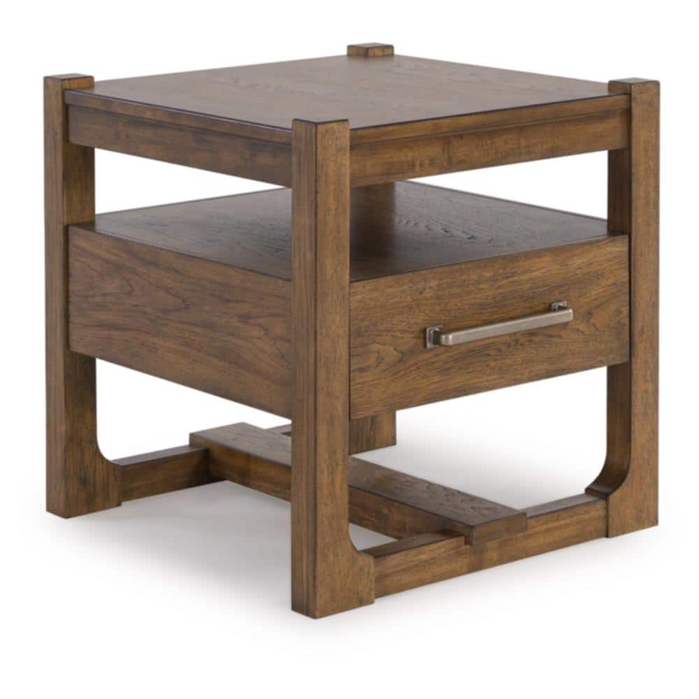 Light Brown Square Wood End Table with Storage Drawer