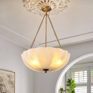 20.87 in. 4-Light Brass and White Bowl Semi-Flush Mount Ceiling Light Chandelier with Glass Shade