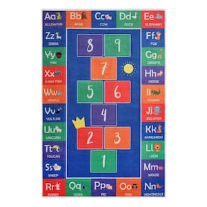 Hopscotch Blue 39.5 in. x 59 in. Cotton Washable Educational for Kids Room Area Rug