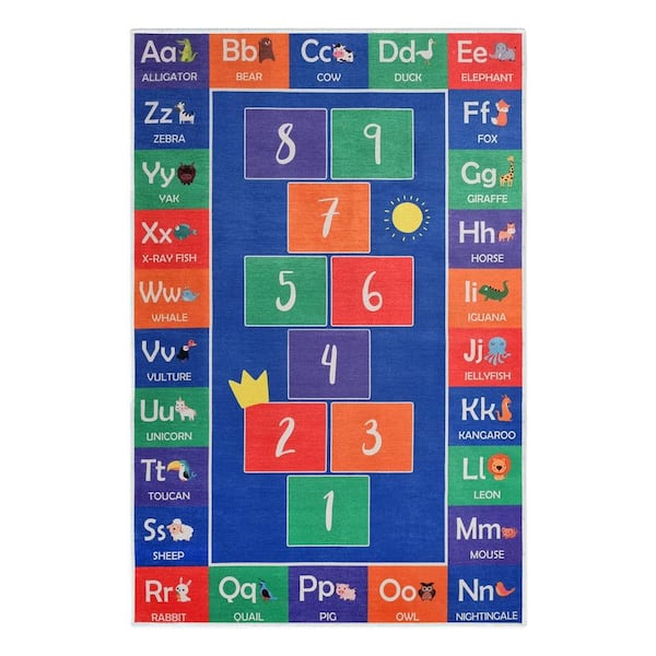 SUSSEXHOME Hopscotch Blue 39.5 in. x 59 in. Cotton Washable Educational for Kids Room Area Rug