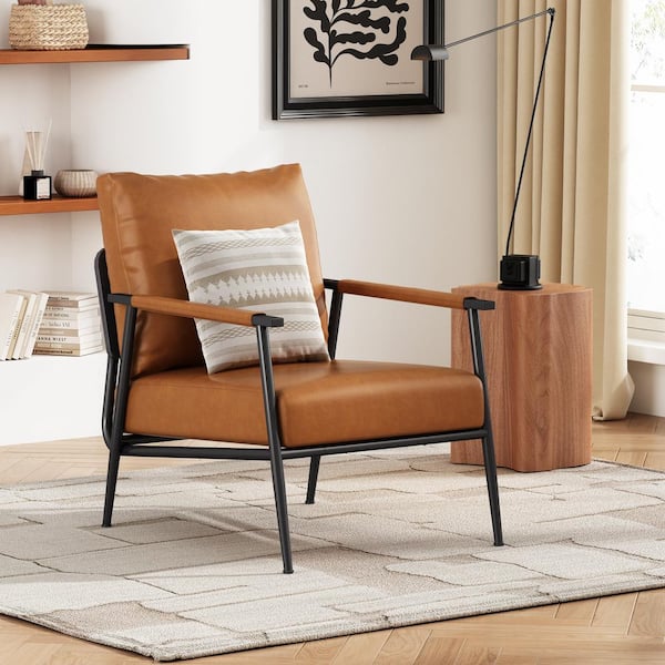 Harper & Bright Designs Minimalist Brown Metal Frame Faux Leather Arm Chair, Accent Chair with Padded High Backrest