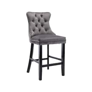 41.5 in. Button Tufted Low Back Gray Velvet Wood Frame Bar Stools With Nail Head Trim Design Dining Chair (Set of 2)