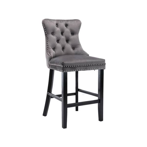 URTR 41.5 in. Button Tufted Low Back Gray Velvet Wood Frame Bar Stools