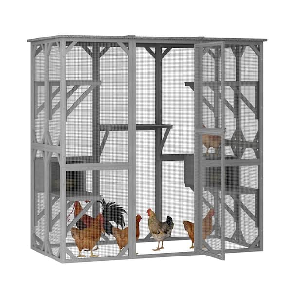 FUFU&GAGA Chicken Coop Fir Wood, Large Wooden Cats Catio Cat Cage Enclosur with 7 Platform and 2 Resting Box, Weatherproof Grey