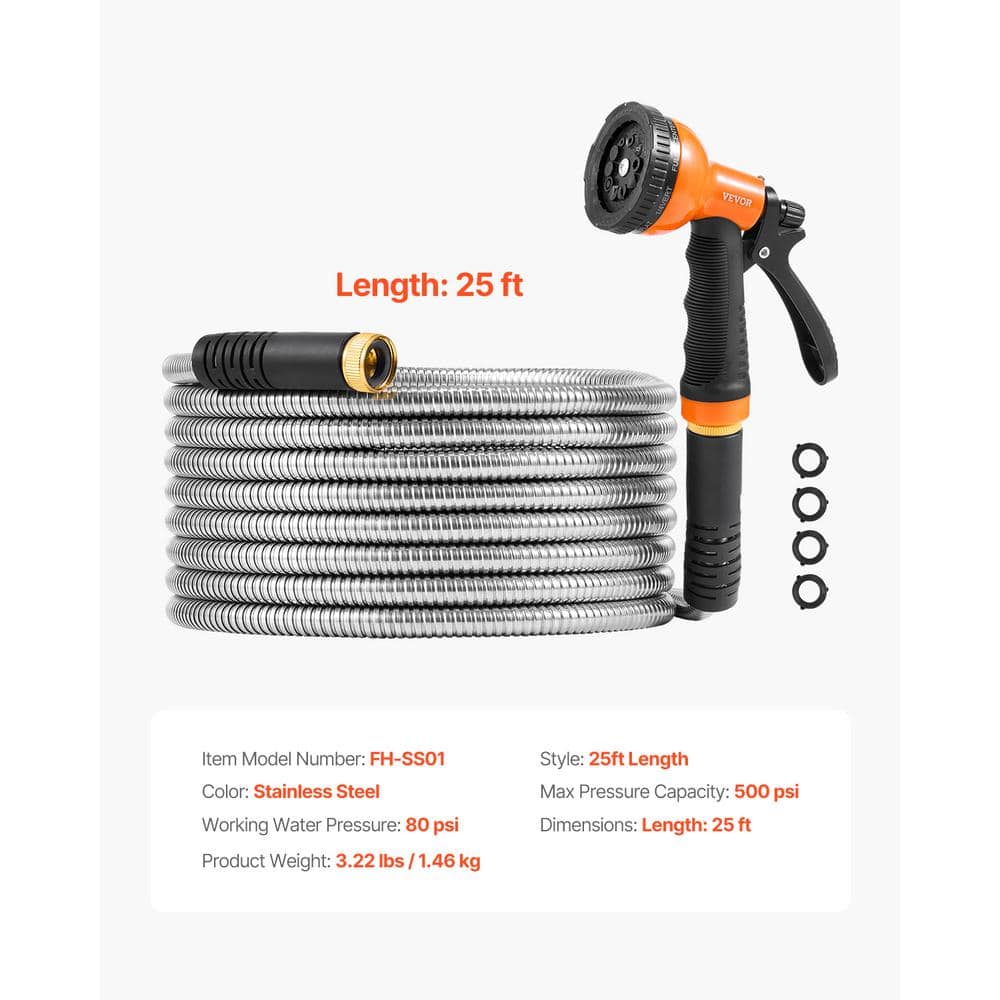 25 ft Stainless Steel Heavy Duty Garden Hose with Adjustable Nozzle