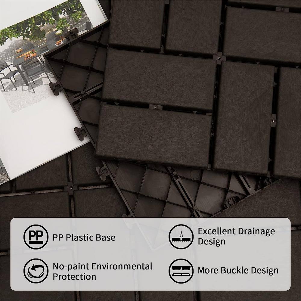 Brown 12"x12" Interlocking Waterproof Plastic Deck Tiles, 9-Pack