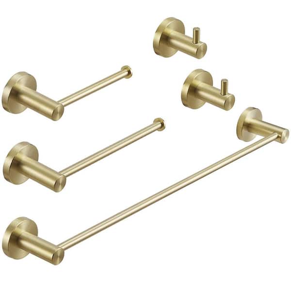 5-Piece Bath Hardware with Towel Bar Towel Hook Toilet Paper Holder and Towel Ring Set Stainless Steel Set in Gold