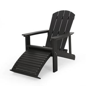 Wood Outdoor Foldable Black Adirondack Chair with Built-in Ottoman(1-Pack)